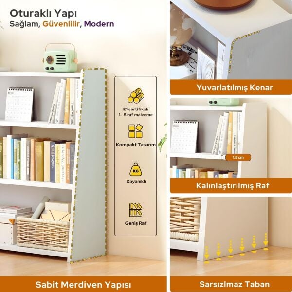 Uzatılabilir Raflı Kitaplık Küçük Alanlar veya Köşeler için 3 Katlı Merdiven Tipi Alçak Kısa Kitaplık