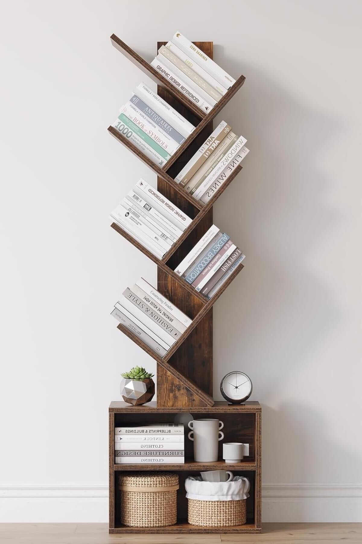 6 Katlı Kitaplık Depolama Dolaplı, Dar ve Uzun Ağaç Kitaplık | Modern Rustik Kahverengi Kitap Düzenleyici