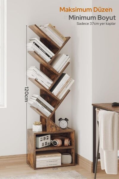 6 Katlı Kitaplık Depolama Dolaplı, Dar ve Uzun Ağaç Kitaplık | Modern Rustik Kahverengi Kitap Düzenleyici