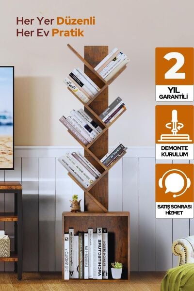 6 Katlı Kitaplık Depolama Dolaplı, Dar ve Uzun Ağaç Kitaplık | Modern Rustik Kahverengi Kitap Düzenleyici