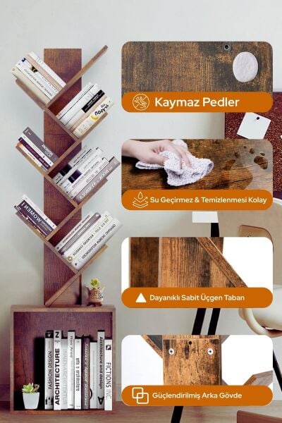 6 Katlı Kitaplık Depolama Dolaplı, Dar ve Uzun Ağaç Kitaplık | Modern Rustik Kahverengi Kitap Düzenleyici