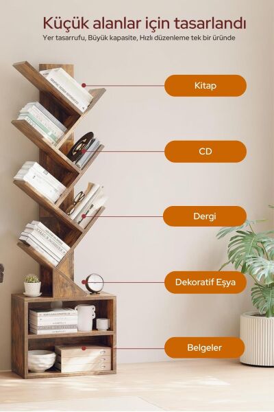 6 Katlı Kitaplık Depolama Dolaplı, Dar ve Uzun Ağaç Kitaplık | Modern Rustik Kahverengi Kitap Düzenleyici