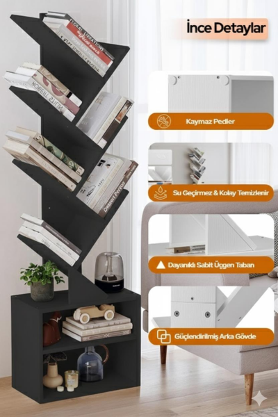 6 Katlı Kitaplık Depolama Dolaplı, Dar ve Uzun Ağaç Kitaplık | Modern Rustik Kahverengi Kitap Düzenleyici