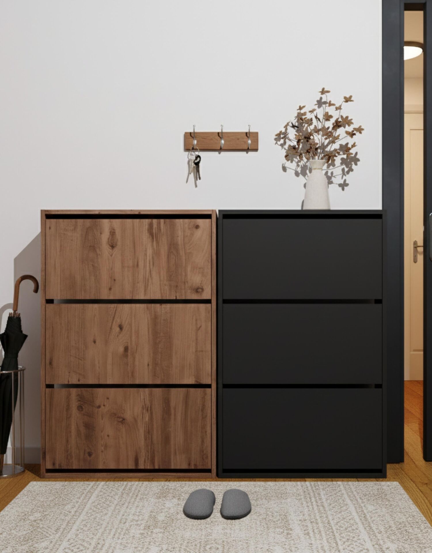 Düşer Kapak Ayakkabılık Kayar Raflı Ayakkabılık 3 Bölmeli