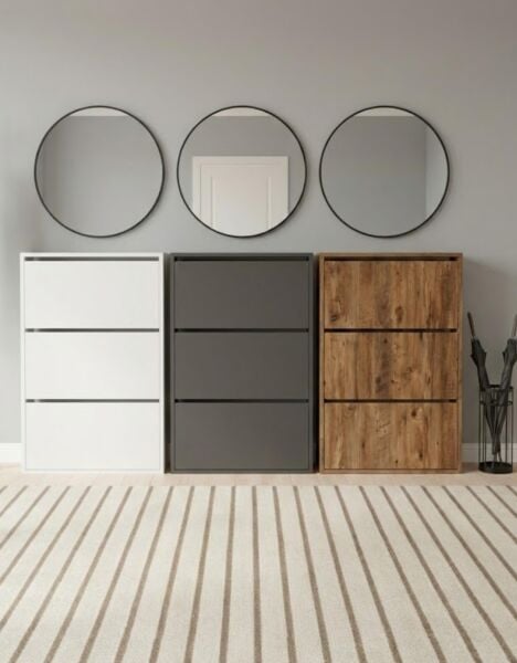 Düşer Kapak Ahşap Ayakkabılık Kayar Raflı Ayakkabılık 3 Bölmeli