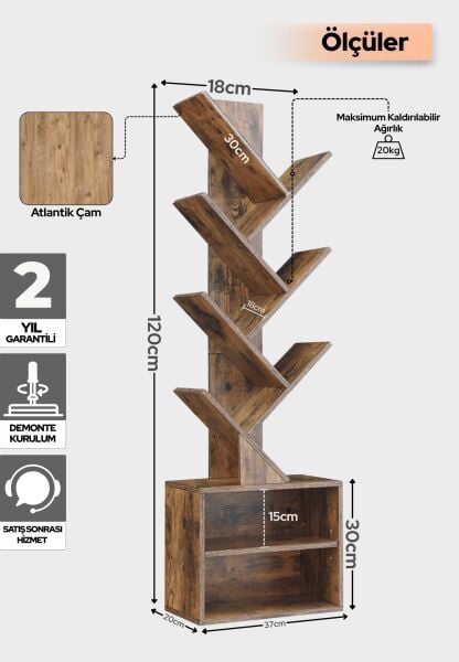 6 Katlı Kitaplık Depolama Dolaplı, Dar ve Uzun Ağaç Kitaplık | Modern Rustik Kahverengi Kitap Düzenleyici Atlantik Çam