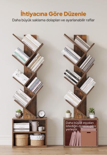 6 Katlı Kitaplık Depolama Dolaplı, Dar ve Uzun Ağaç Kitaplık | Modern Rustik Kahverengi Kitap Düzenleyici Atlantik Çam