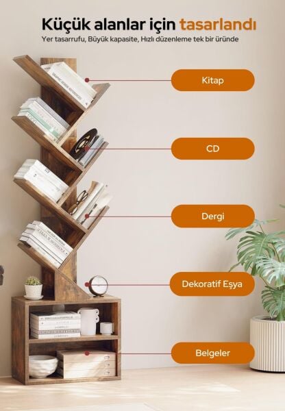 6 Katlı Kitaplık Depolama Dolaplı, Dar ve Uzun Ağaç Kitaplık | Modern Rustik Kahverengi Kitap Düzenleyici Atlantik Çam