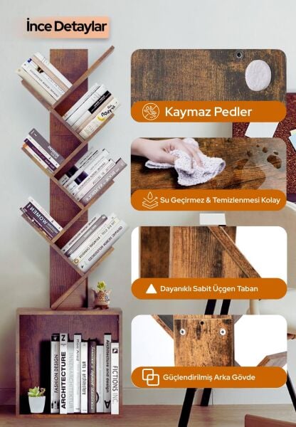 6 Katlı Kitaplık Depolama Dolaplı, Dar ve Uzun Ağaç Kitaplık | Modern Rustik Kahverengi Kitap Düzenleyici Atlantik Çam