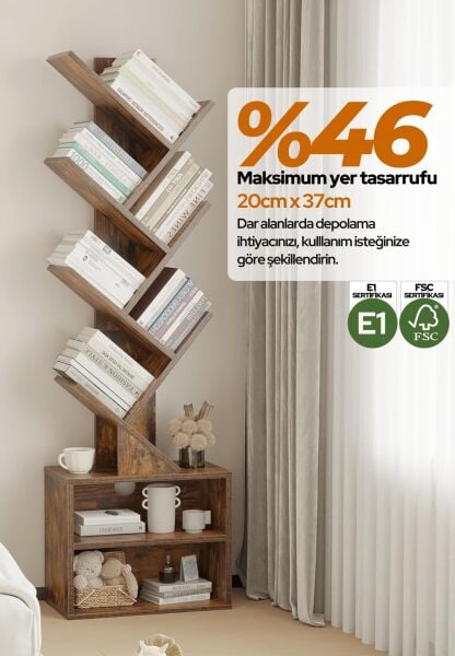 6 Katlı Kitaplık Depolama Dolaplı, Dar ve Uzun Ağaç Kitaplık | Modern Rustik Kahverengi Kitap Düzenleyici Atlantik Çam