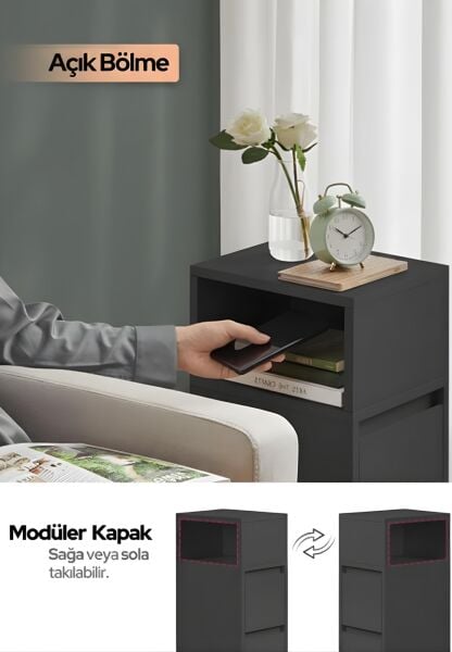 Alve Dar Komodin – 2 Çekmeceli, Değiştirilebilir Açık Bölmeli Yan Sehpa Yatak Odası & Oturma Odası Minimal Tasarım Antrasit