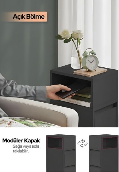 Alve Dar Komodin – 2 Çekmeceli, Değiştirilebilir Açık Bölmeli Yan Sehpa Yatak Odası & Oturma Odası Minimal Tasarım Antrasit