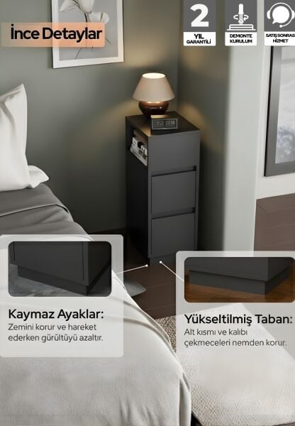 Alve Dar Komodin – 2 Çekmeceli, Değiştirilebilir Açık Bölmeli Yan Sehpa Yatak Odası & Oturma Odası Minimal Tasarım Antrasit