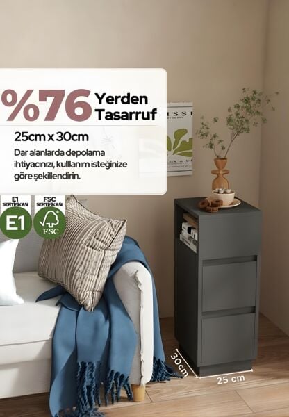 Alve Dar Komodin – 2 Çekmeceli, Değiştirilebilir Açık Bölmeli Yan Sehpa Yatak Odası & Oturma Odası Minimal Tasarım Antrasit