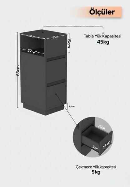 Alve Dar Komodin – 2 Çekmeceli, Değiştirilebilir Açık Bölmeli Yan Sehpa Yatak Odası & Oturma Odası Minimal Tasarım Antrasit