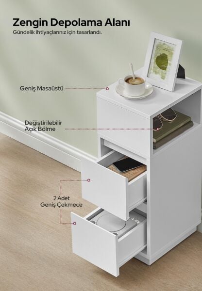 Alve Dar Komodin – 2 Çekmeceli, Değiştirilebilir Açık Bölmeli Yan Sehpa Yatak Odası & Oturma Odası Minimal Tasarım Beyaz