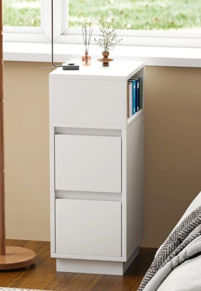 Alve Dar Komodin – 2 Çekmeceli, Değiştirilebilir Açık Bölmeli Yan Sehpa Yatak Odası & Oturma Odası Minimal Tasarım Beyaz