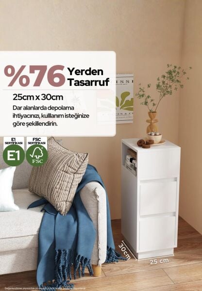 Alve Dar Komodin – 2 Çekmeceli, Değiştirilebilir Açık Bölmeli Yan Sehpa Yatak Odası & Oturma Odası Minimal Tasarım Beyaz