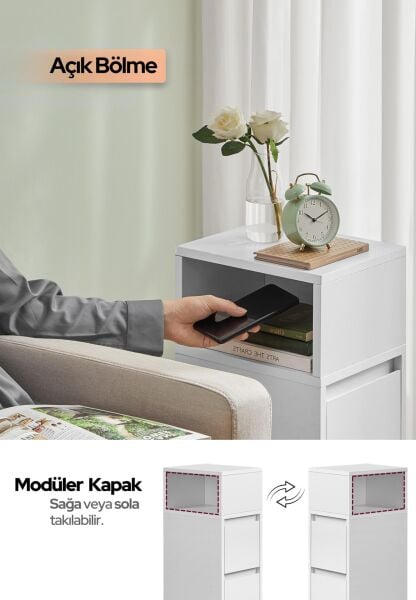 Alve Dar Komodin – 2 Çekmeceli, Değiştirilebilir Açık Bölmeli Yan Sehpa Yatak Odası & Oturma Odası Minimal Tasarım Beyaz