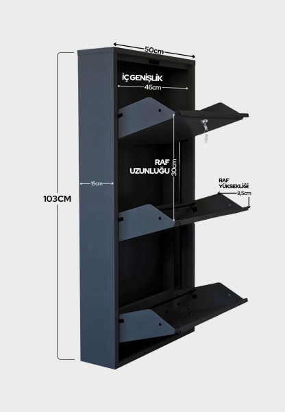 Antrasit Kilitli Metal Ayakkabılık 3’lü