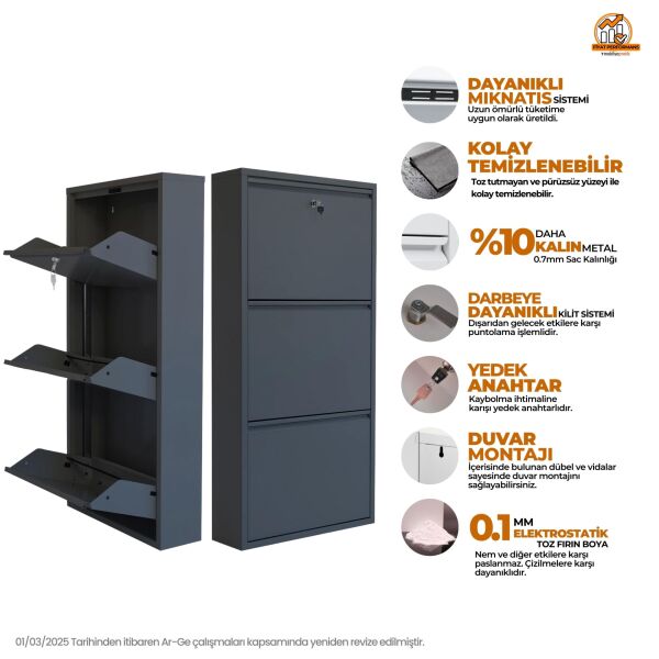 Antrasit Kilitli Metal Ayakkabılık 3’lü