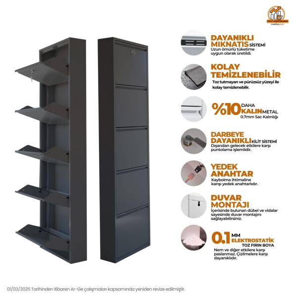 Antrasit Kilitli Metal Ayakkabılık 5'li